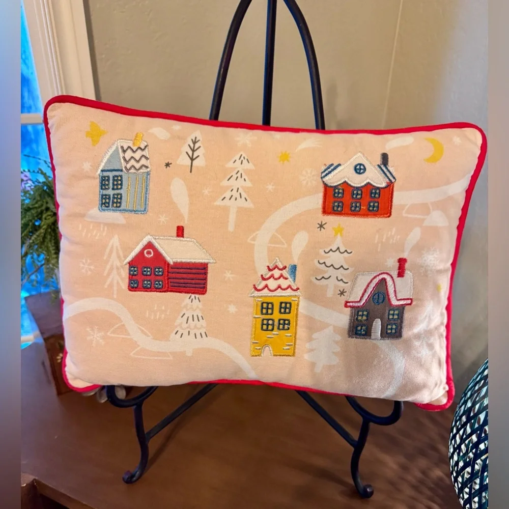 Festive Holiday Pillow with Colorful Houses